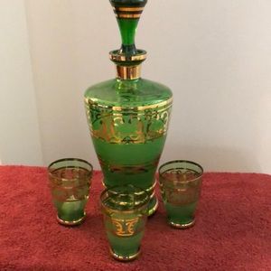 Czech green decanter with 3 shot glasses. Tall & round vase with the same marks.